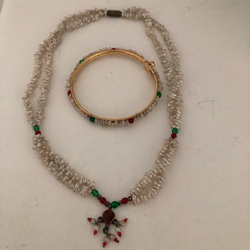 Vintage Elegant Pearl and Bead Necklace and Bangle Set